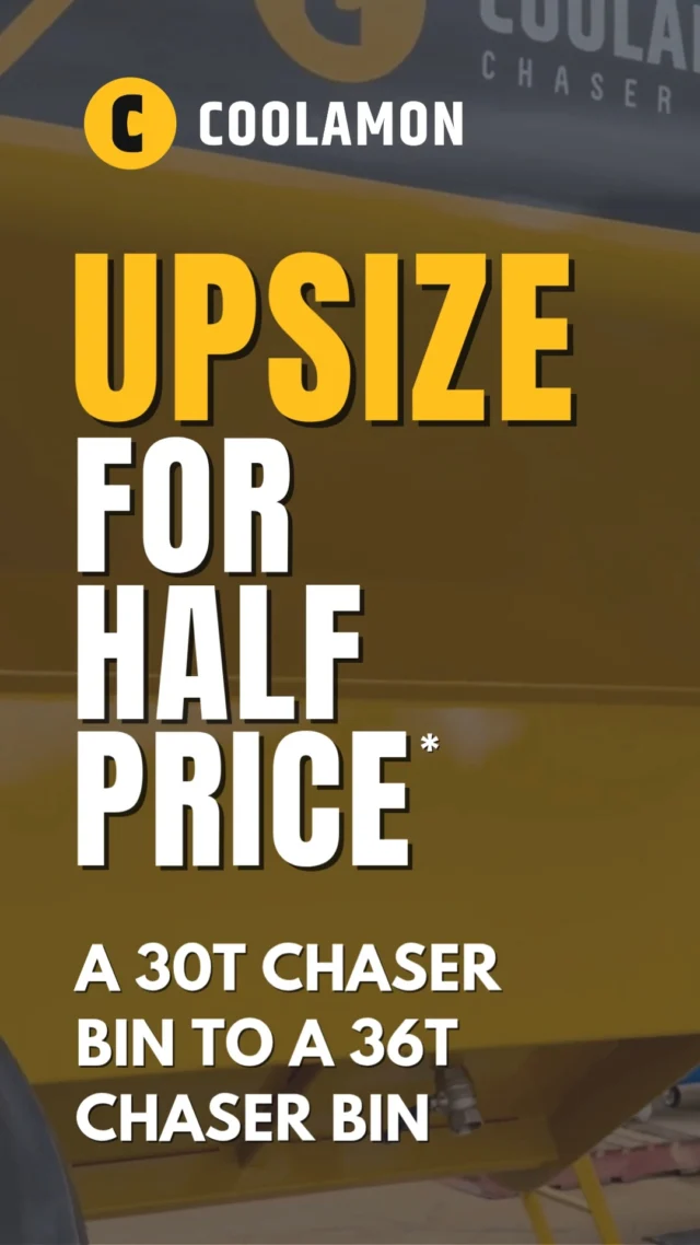 Ready to carry more this harvest season?

For a limited time, step up from a Coolamon 30T Chaser Bin to a 36T Chaser Bin and receive the upgrade for HALF PRICE, saving $6,600 incl. GST. If a 36T isn't the right fit, the same discount value can be applied towards another eligible Coolamon Chaser Bin model.

✅ More capacity
 ✅ More harvest efficiency
 ✅ Less time waiting to unload
 ✅ Exceptional value while stocks last

But don't wait, this offer is only available until 30 September 2026 and applies while eligible stock and production slots last.

📞 Contact your local RDO Equipment branch today to discuss your Coolamon Chaser Bin options.